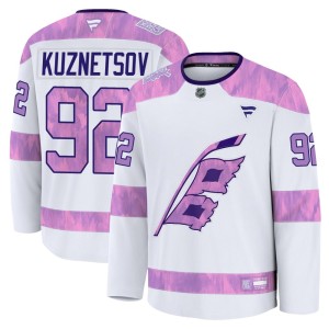 Evgeny Kuznetsov Youth Fanatics Carolina Hurricanes Premium White 2024 Hockey Fights Cancer Practice Jersey